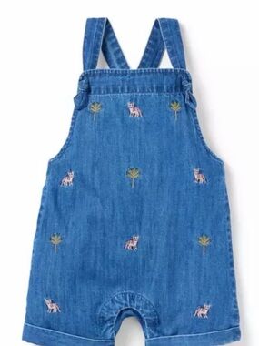 Janie and Jack Blue Denim Embroidered Fox & Tree Shortalls